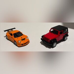 2 x MSZ Die-Cast Pullback Vehicles Jeep Wrangler 1:42 & Porsche 911 1:39 GUC